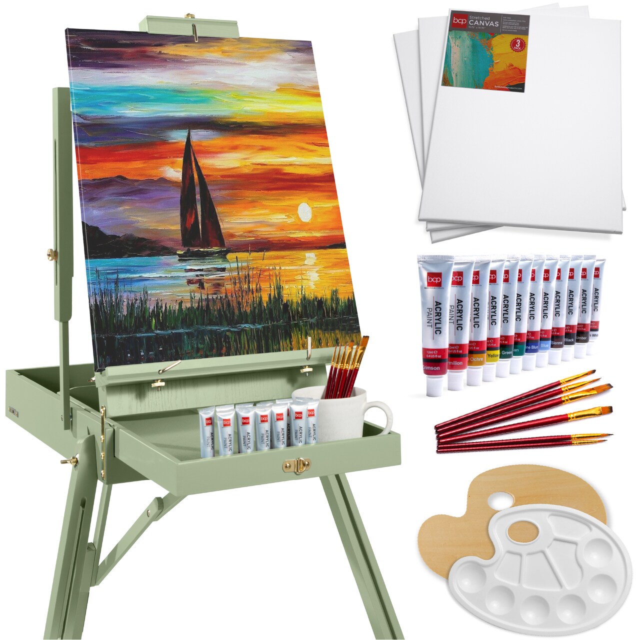 Best Choice Products French Easel, 32pc Beginners Kit Portable Wooden Adjustable Tripod w/ Paint Supplies